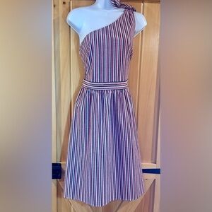 LOFT One Shoulder Summer Dress Red Blue gray white  seersucker nautical Stripe 8